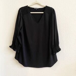 Adrianna‎ Papell Women's Solid V-Neckline Long Sleeve Top Black Size 1X